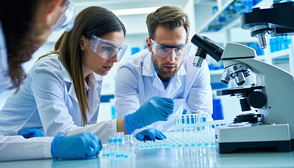 Biotech researchers collaborating on drug development